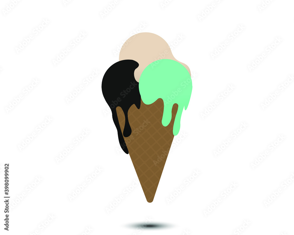 Charcoal, Green tea and Vanilla ice cream in brown waffle cone in white background Charcoal, Green tea and Vanilla ice cream in brown waffle cone in white background