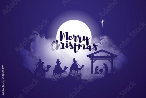 vector illustration Birth of Christ, baby Jesus reaching the Magi bear gifts, three wise kings and star of bethlehem, nativity christmas graphics design elements