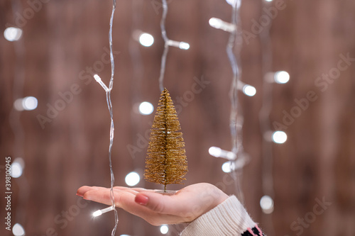 Woman holding out gold christmas tree through the glowing garland