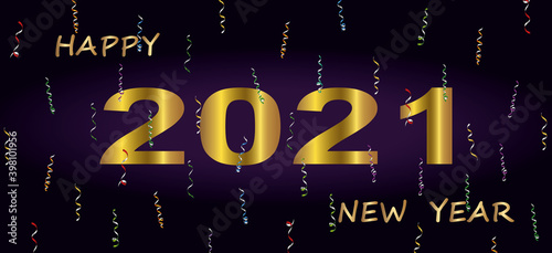 Golden Happy 2021 New Year, colorful confetti,champagne on a dark background.Holiday vector illustration.Graphic element for banner,greeting cards,invitation,poster or website. 