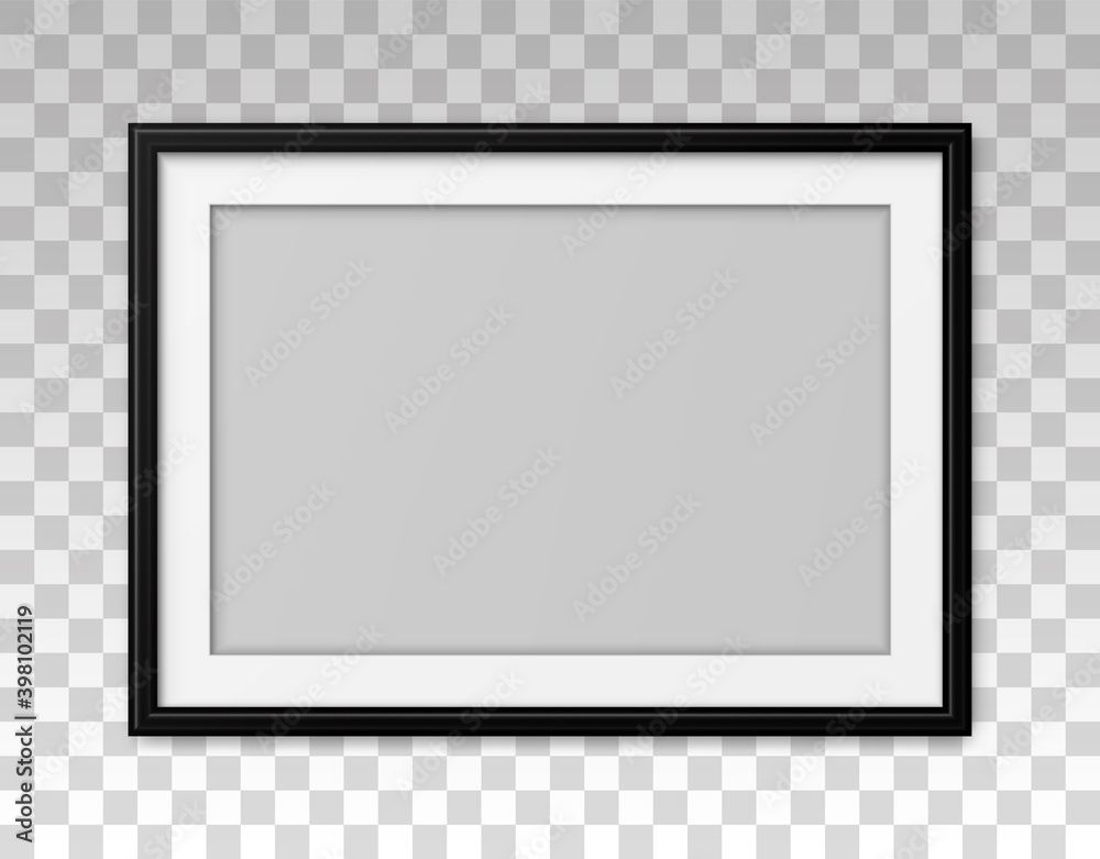Obraz Mockup black frame photo. Shadow on wall. Mock up artwork picture framed. Horizontal boarder. Empty board a4 photoframe. Modern stylish 3d border. Design prints poster, blank, painting image. Vector