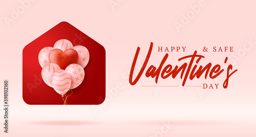 Happy Home Valentine day Card with Funny Vector Minimalist Icon. staying at home badge in Quarantine. Covid Reaction.