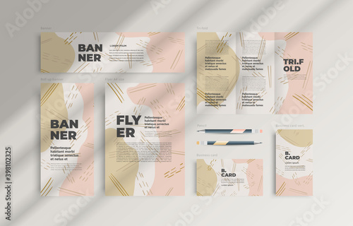 Identity Hand drawn various shapes and lines theme. Abstract contemporary modern trendy vector illustration. Set flyer cover, tri-fold, banner, roll up banner, business card