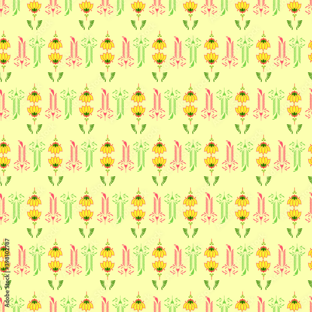 Obraz premium leaves and yellow flowers with yellow background seamless repeat pattern