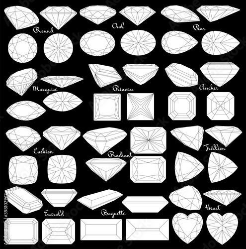 Cutting gems stones. Types of diamond cut. Four sides of jewelry with facets for background, carving and coloring.