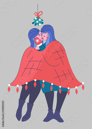 Lesbian women kiss under mistletoe, wrapped theirself plaid. Festive isolated illustration. LGBT family on Christmas holiday illustration