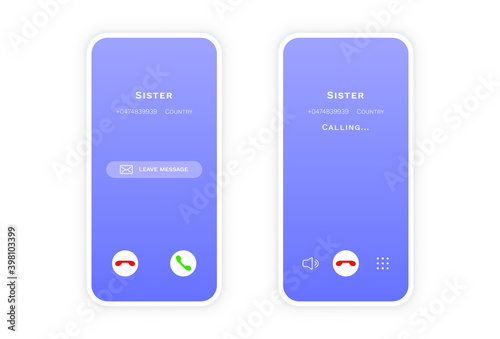 Phone screen call mockup. Mobile interface accept decline buttons, smartphone web app UI display. Trendy vector illustration