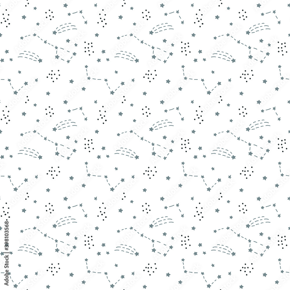 Scandinavian Seamless vector pattern for decoration, design. Astronomy different constellations on a white background. Zodiac sign of the bright stars with glowing lines and points. Star chart, map