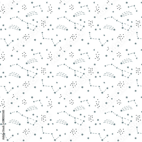 Scandinavian Seamless vector pattern for decoration  design. Astronomy different constellations on a white background. Zodiac sign of the bright stars with glowing lines and points. Star chart  map
