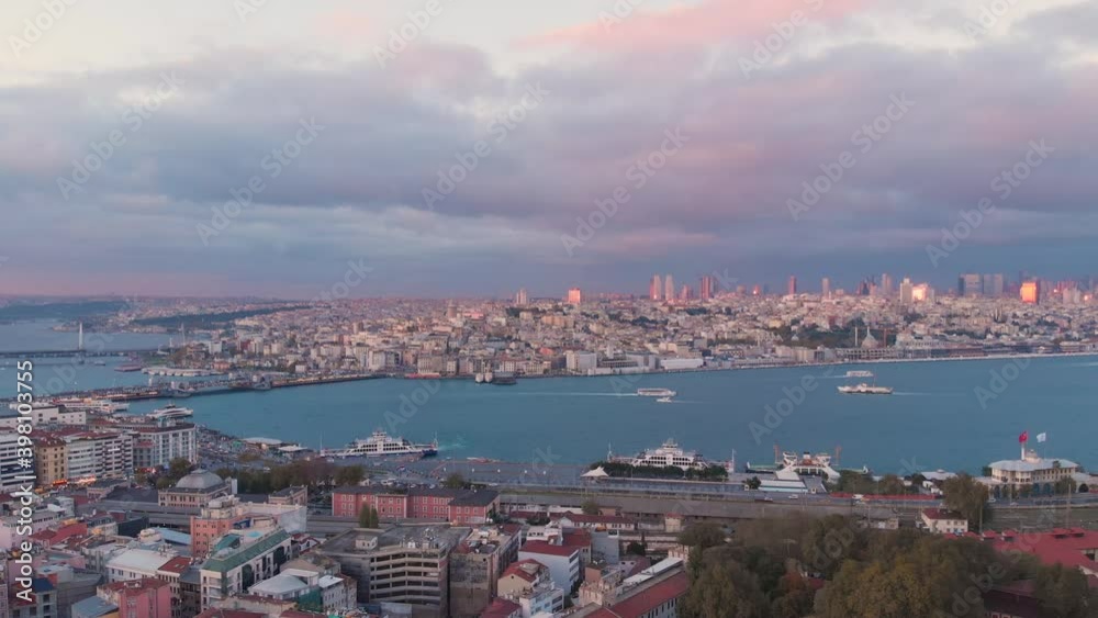 Old Town Of Istanbul Towards Sirkeci Railway Station And Ferry Terminal With Golden Horn, Karakoy And Tophane In Background In Beyoglu District Of Istanbul, Turkey. - aerial Old Town Of Istanbul Towards Sirkeci Railway Station And Ferry Terminal With Golden Horn, Karakoy And Tophane In Background In Beyoglu District Of Istanbul, Turkey. - aerial