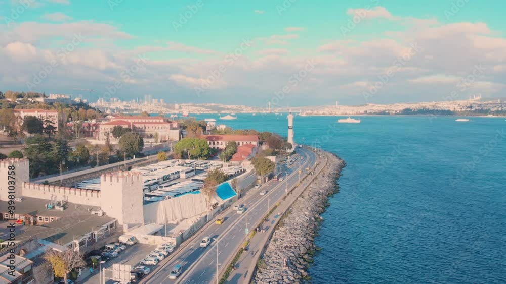 Ahirkapi Foghorn And Lighthouse Along Bosphorus In Istanbul, Turkey On A Sunny Day - aerial Ahirkapi Foghorn And Lighthouse Along Bosphorus In Istanbul, Turkey On A Sunny Day - aerial