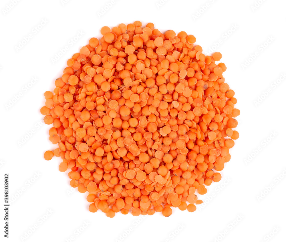 Red lentils isolated on white background. Top view.