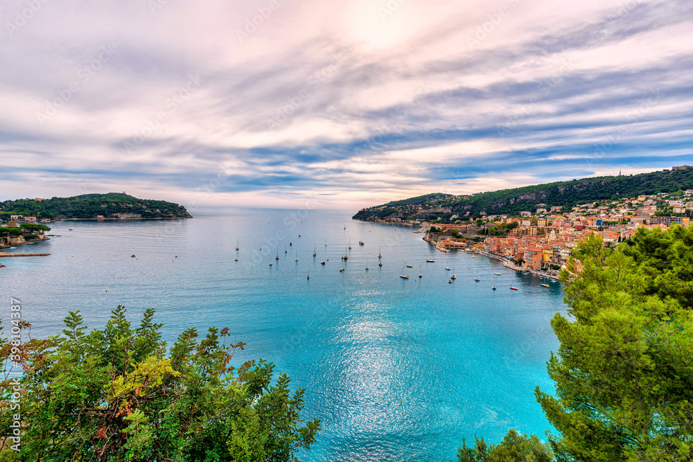 view of the bay of the sea in Villefranche-sur-mer in France