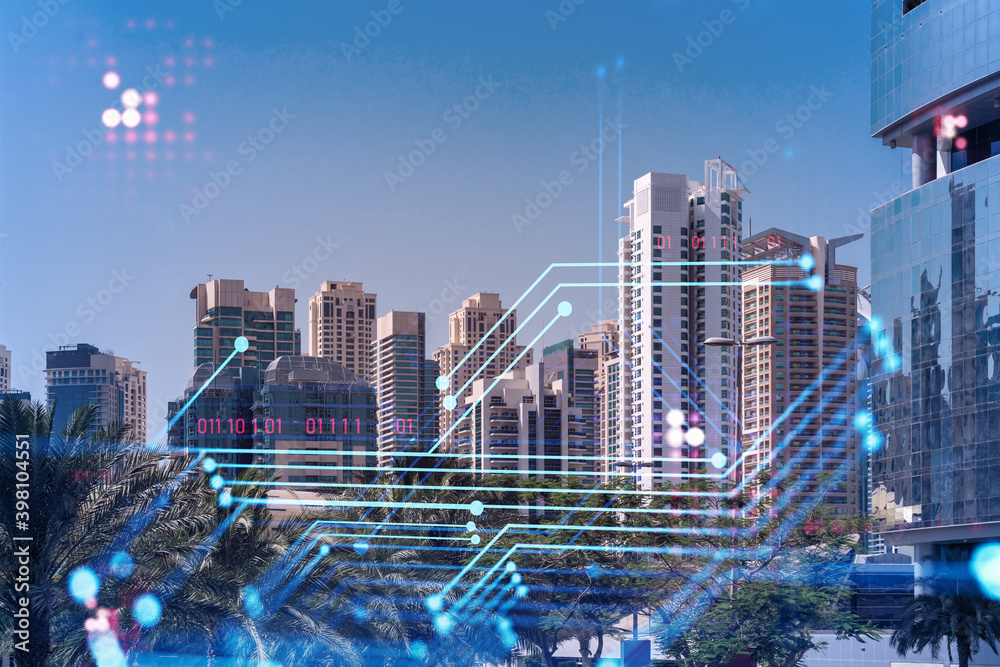 Panoramic view skyscrapers. Modern cityscape of the capital of the Emirate of Dubai. Technology concept. Double exposure.