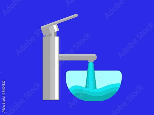 Open kitchen faucet with pouring water into bowl vector. Silver plumbing with blue liquid flowing out on transparent glass plate.
