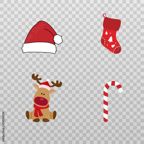 Set of vector Christmas decorations. Decorations deer, christmas hat, new year sock, christmas ice floes png. Holiday, winter, new year.
