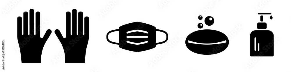 Pandemic prevention kit icon. Black bottle with liquid antibacterial gel sterile gloves protective mask and solid disinfectant vector soap. Pandemic prevention kit icon. Black bottle with liquid antibacterial gel sterile gloves protective mask and solid disinfectant vector soap.