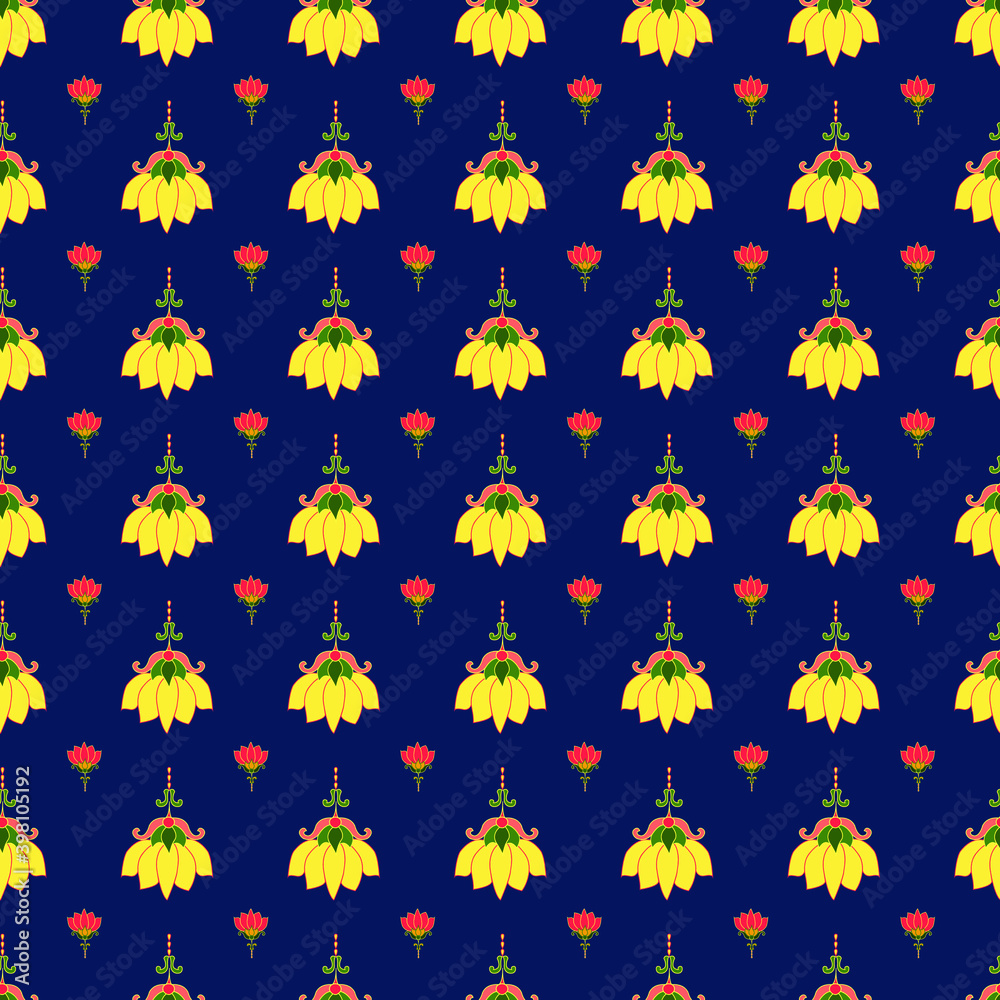 yellow lotus with blue background seamless repeat pattern