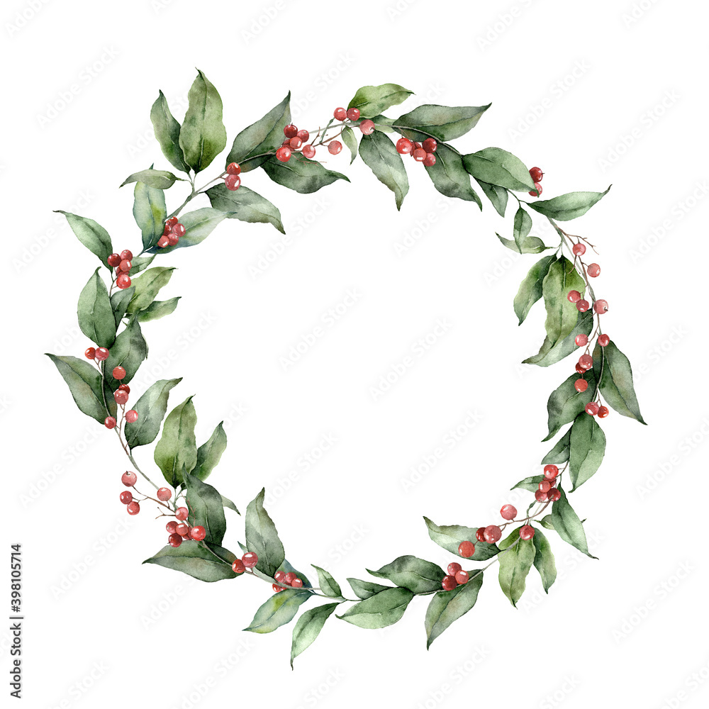 Fototapeta premium Watercolor Christmas circle wreath with branches and red berries. Hand painted holiday card with plants isolated on white background. Floral illustration for design, print, fabric or background.