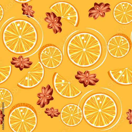 Seamless pattern of citrus fruit slices and stars anise. Endless vector background in yellow colors. Can be used for wallpaper, textile, packaging, card, cover, web.