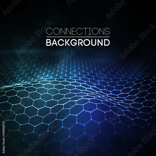 Network connection concept black background vector illustration. Futuristic hexagon perspective wide angle lanscape. Futuristic honeycomb concept. 3d landscape. Big data digital background.