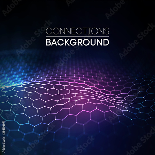 Network connection concept black background vector illustration. Futuristic hexagon perspective wide angle lanscape. Futuristic honeycomb concept. 3d landscape. Big data digital background. © RDVector