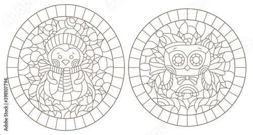 Set of contour illustrations of stained glass Windows with funny cartoon owle, penguin and Holly, dark contours on a white background, round images