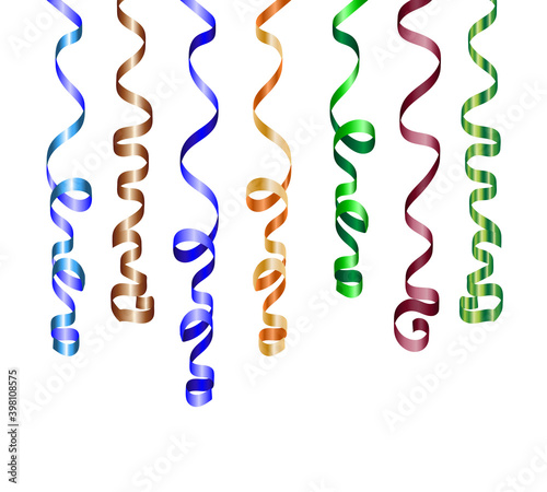 Set of colorful streamers on white background. Design decoration party, birthday, Christmas, New Year celebration, anniversary, carnival. Vector