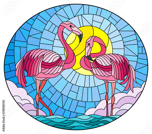 Illustration in stained glass style with pair of Flamingo on a backgroundof pond, sky with sun and clouds