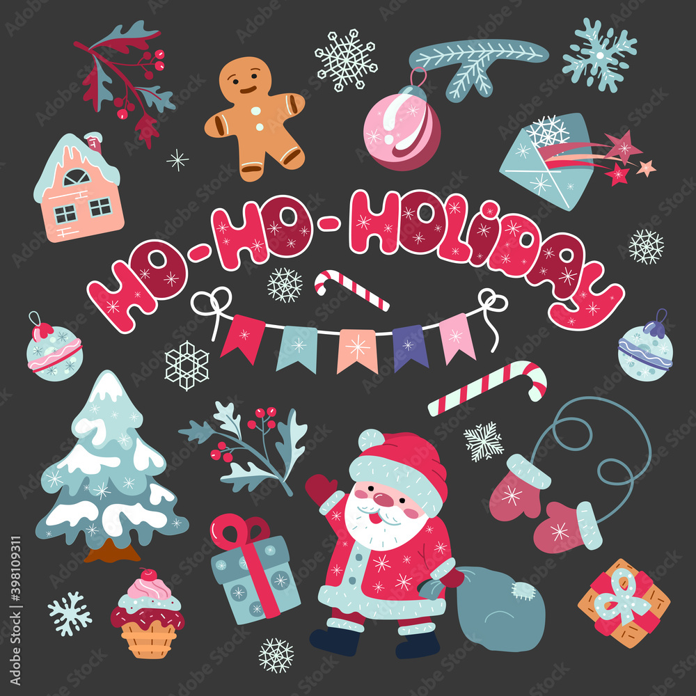 Christmas set of cute elements in cartoon style. For design of postcards, posters, posters, banners. Vector isolated on a dark background.
