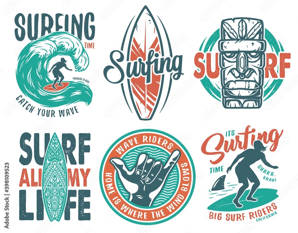 Summer surfing print set with surfer on wave. shaka, tiki mask and surfboard. Vector colored t-shirt hawaii apparel design