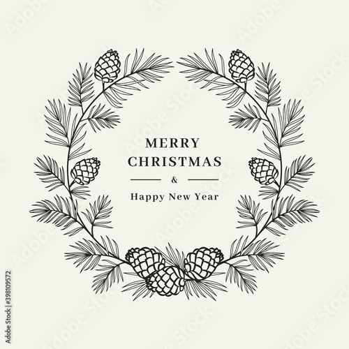 Merry Christmas card, Winter wreath Pine tree branch with cones, Floral wreath. Merry Christmas and Happy New Year greeting. Vector isolated illustration
