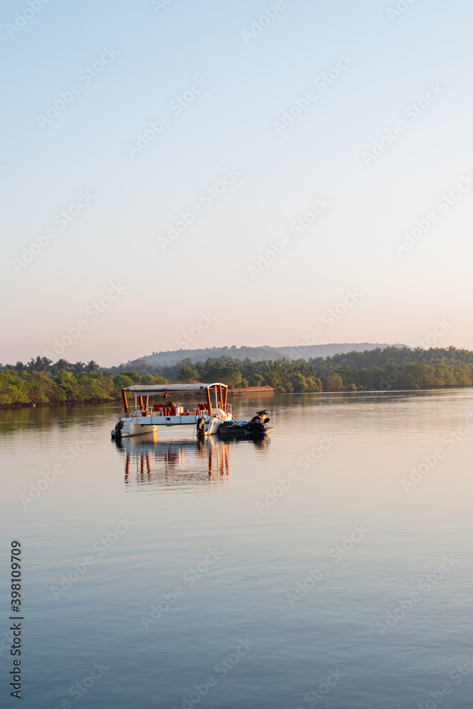 View of the landscape and Interiors from a boathouse drive in Charpora Goa. Exotic tourism in Goa.