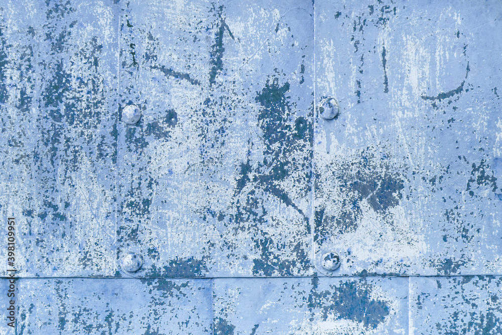 Blue Steel Paint Background. Aged Aluminum Grunge Effect Iron Material Panel. Stainless Steel Corrosion Texture.