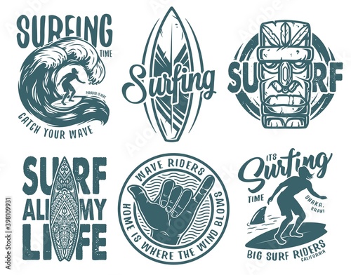 Summer surfing print set with surfer on wave, shaka, tiki mask and surfboard. Vector t-shirt hawaii apparel design