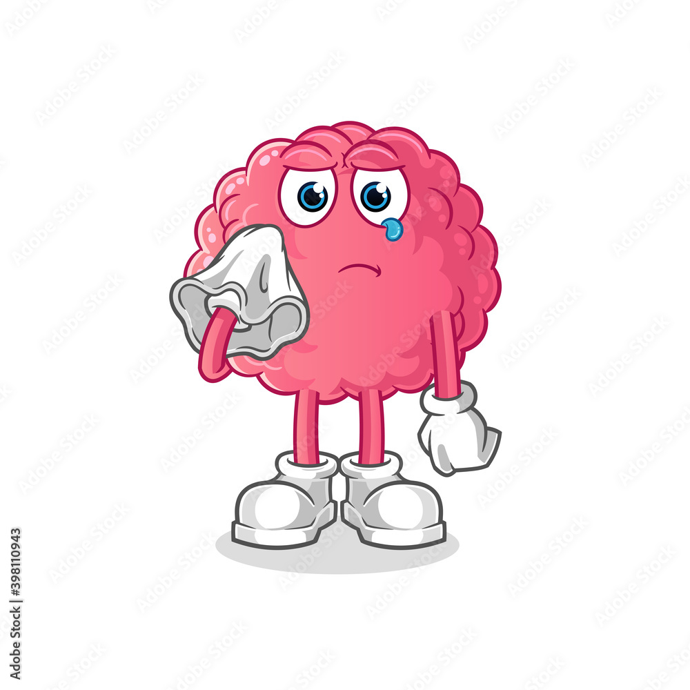 brain cry with a tissue character. cartoon mascot vector brain cry with a tissue character. cartoon mascot vector