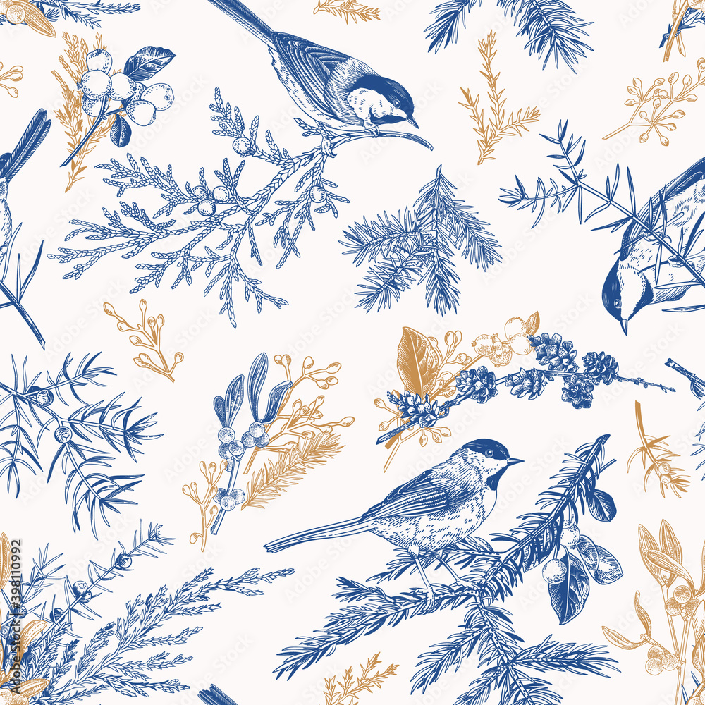 Blue seamless pattern with birds.