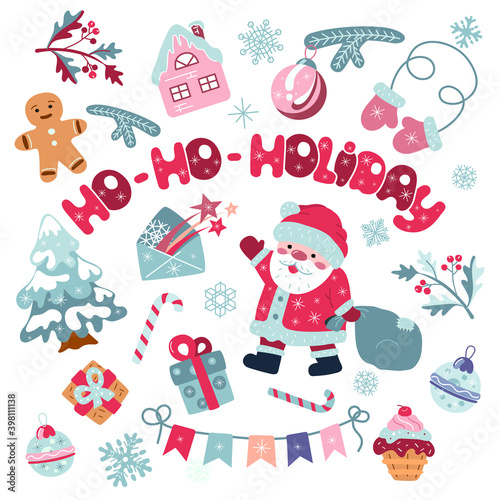 Fototapeta Naklejka Na Ścianę i Meble -  Christmas set of cute elements in cartoon style. For the design of postcards, posters, posters, banners. Vector isolated on a white background.