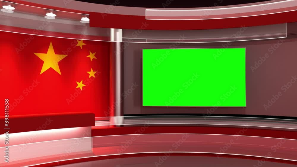 TV studio. China flag studio. China flag background. News studio. The perfect backdrop for any green screen or chroma key video or photo production. 3d render. 3d
