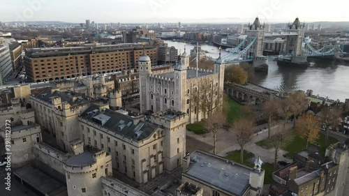 Fortress of the Tower of London Aerial footage, summer 2020 showcasing historic castle on the north bank of the River Thames in central London.