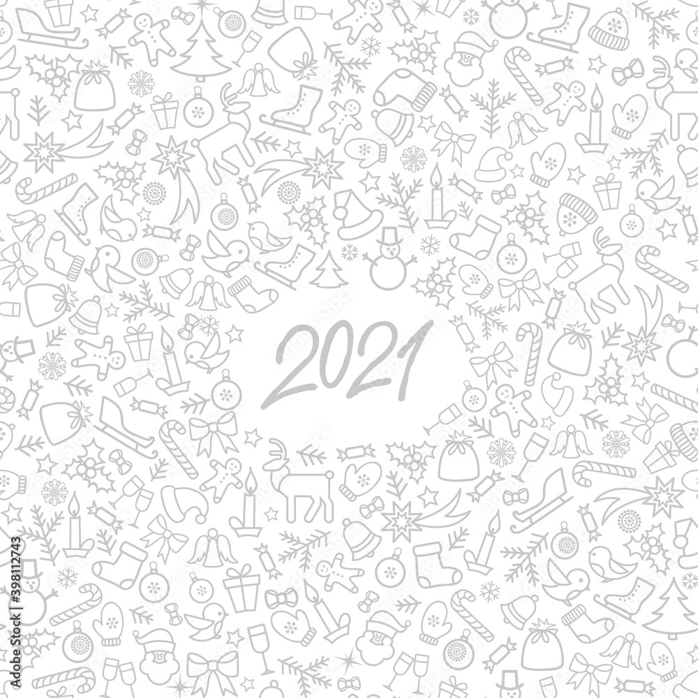 Christmas icon holiday background with numbers 2021. Happy New Year wallpaper. Winter holiday grunge greeting card design. Happy Winter Holiday Doodle Greeting Card with handwritten Lettering 2021