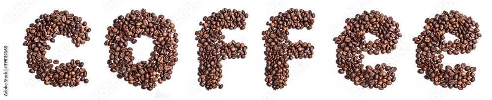 Coffee inscription made from beans on a white background Coffee inscription made from beans on a white background