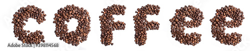Coffee inscription made from beans on a white background