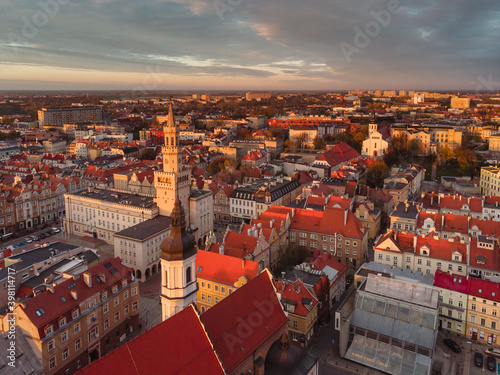 A drone view of the historic city with the market square, churches and town hall in Opole during the Autumn in Silesia, Opole, Poland.