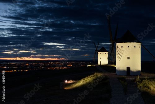 Exterior view of windmills in the landscape in spring at dusk in the Alcazar de San Juan  Ciudad Real  Spain
