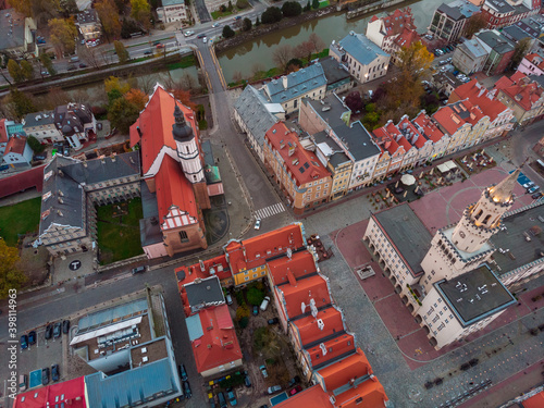 A drone view of the historic city with the market square, churches and town hall in Opole during the Autumn in Silesia, Opole, Poland.