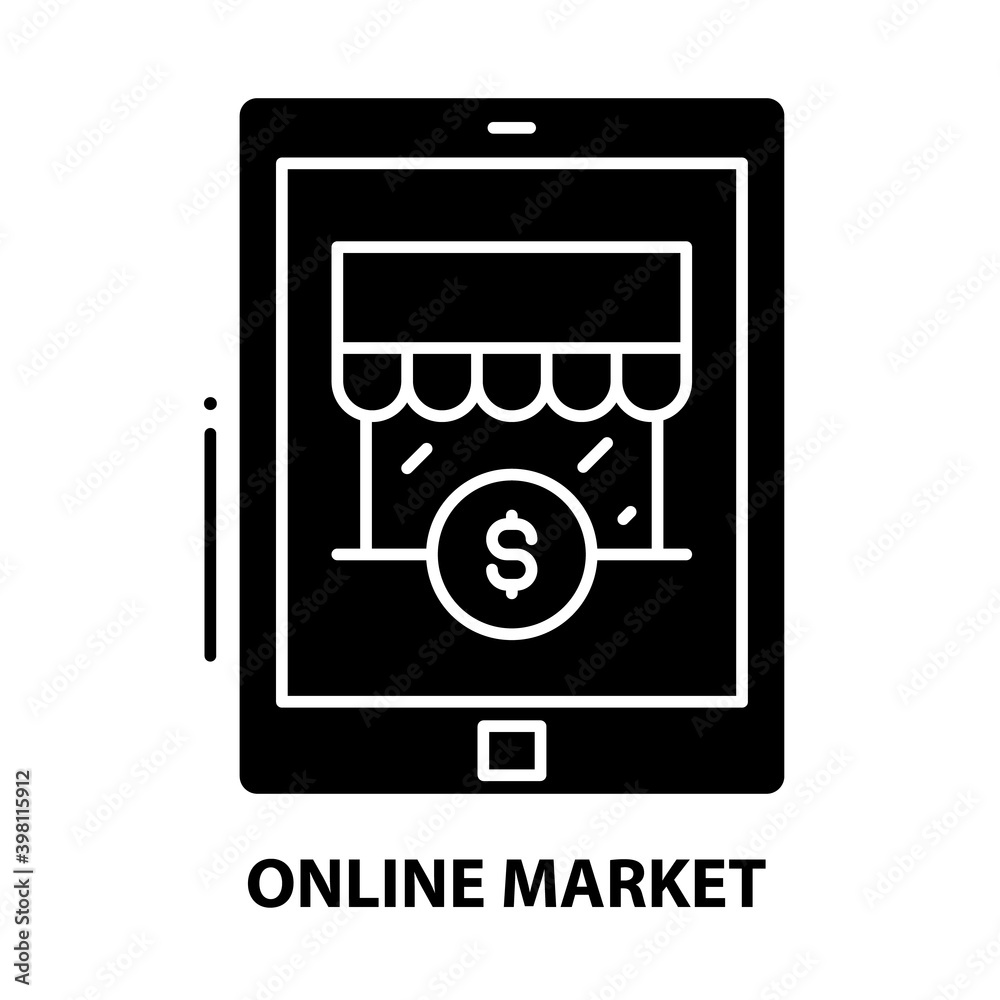 online market symbol icon, black vector sign with editable strokes, concept illustration online market symbol icon, black vector sign with editable strokes, concept illustration