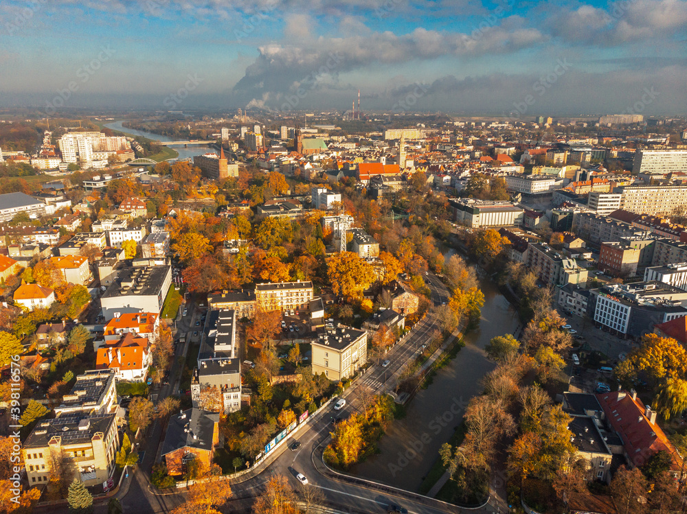 Naklejka premium A drone view of the historic city with the market square, churches and town hall in Opole during the Autumn in Silesia, Opole, Poland.