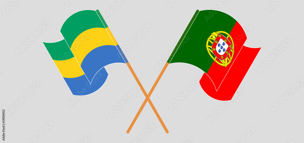 Crossed and waving flags of Gabon and Portugal Crossed and waving flags of Gabon and Portugal