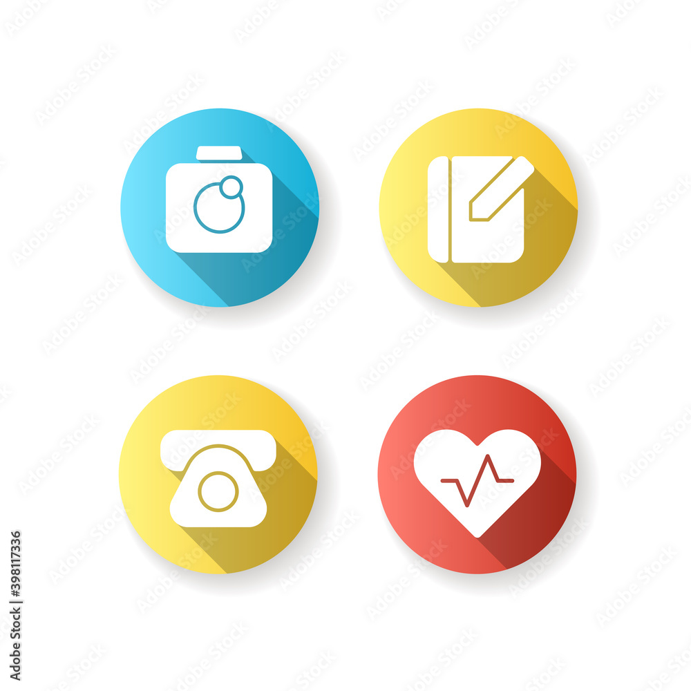 Mobile interface flat design long shadow glyph icons set. Camera. Notebook. Phone book. Taking photos. Health and wellness. Taking text notes. Calls, SMS, emails. Silhouette RGB color illustration Mobile interface flat design long shadow glyph icons set. Camera. Notebook. Phone book. Taking photos. Health and wellness. Taking text notes. Calls, SMS, emails. Silhouette RGB color illustration